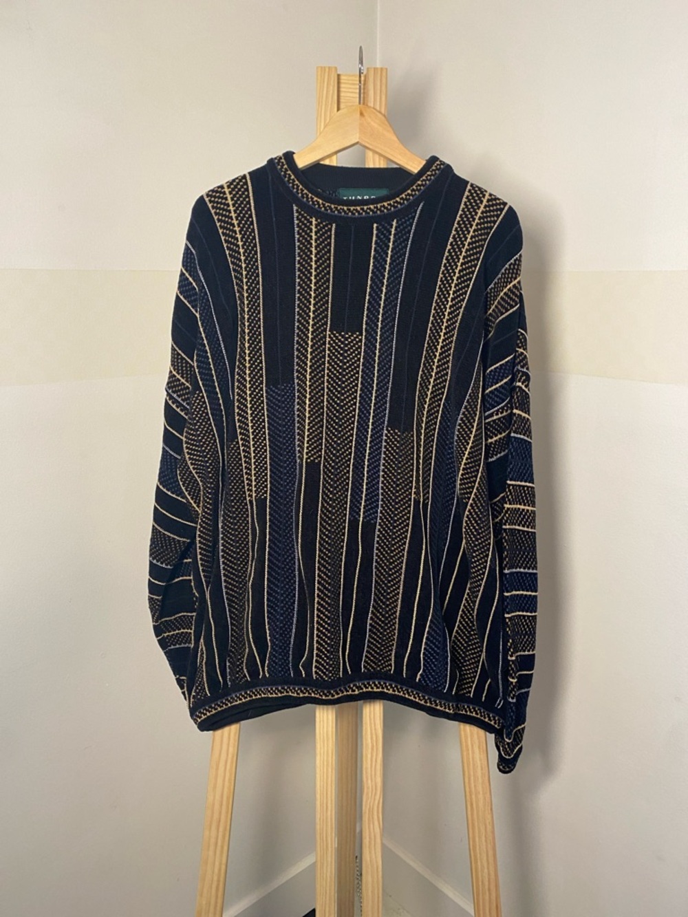 Tundra Navy and Tan Striped Textured Crewneck Sweater